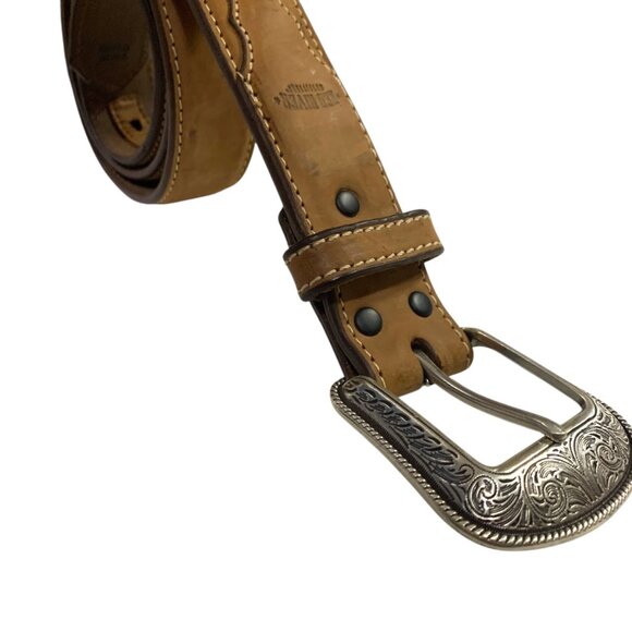 Red River Mens Belt Leather Western Tan Silver Tone Belt Buckle Size 40 Real Men - Picture 5 of 10